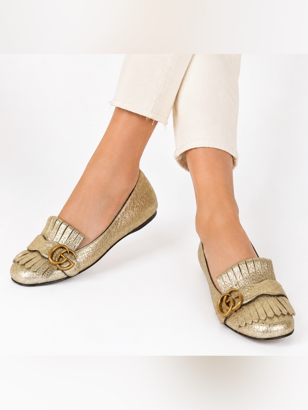 Gucci Marmont Metallic Gold Leather Fringe Ballet Flats GG Logo Size 37 - Picture 3 of 9